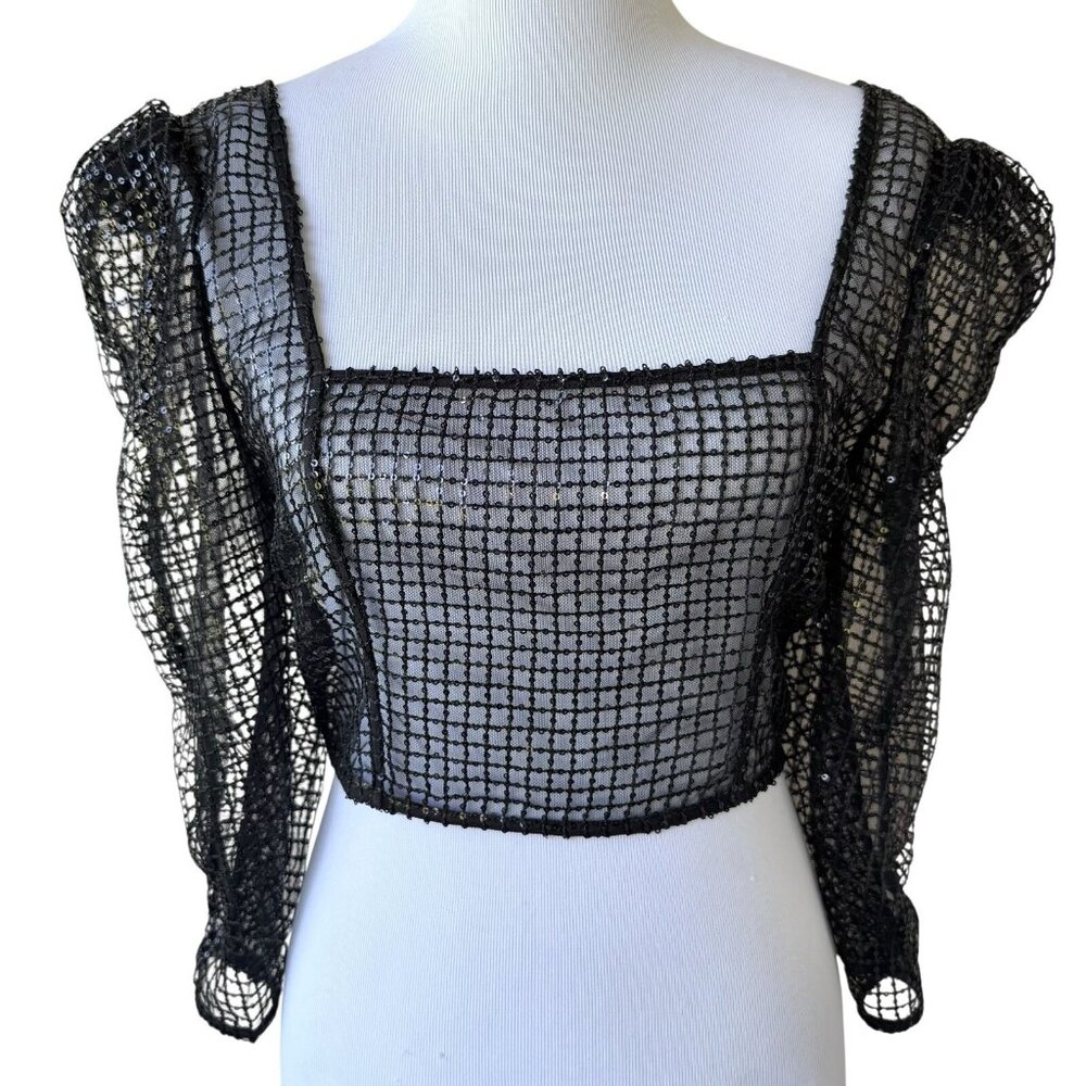 Reve Riche Womens Size 42 Black Sheer Sequins Crop Top Puff Long Sleeve